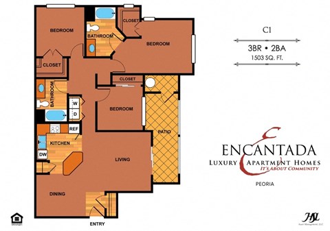 Encantada Peoria C1 floor plan of a 2 bedroom 2 bathroom unit